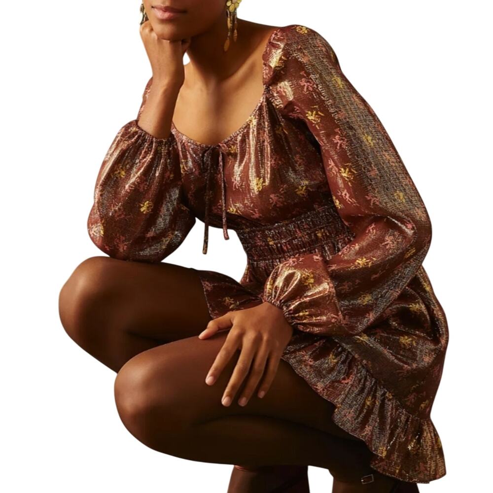 Paige Noah Silk Blend Mini Dress XS | Bronze Dust Metallic Floral Cocktail - Picture 2 of 10